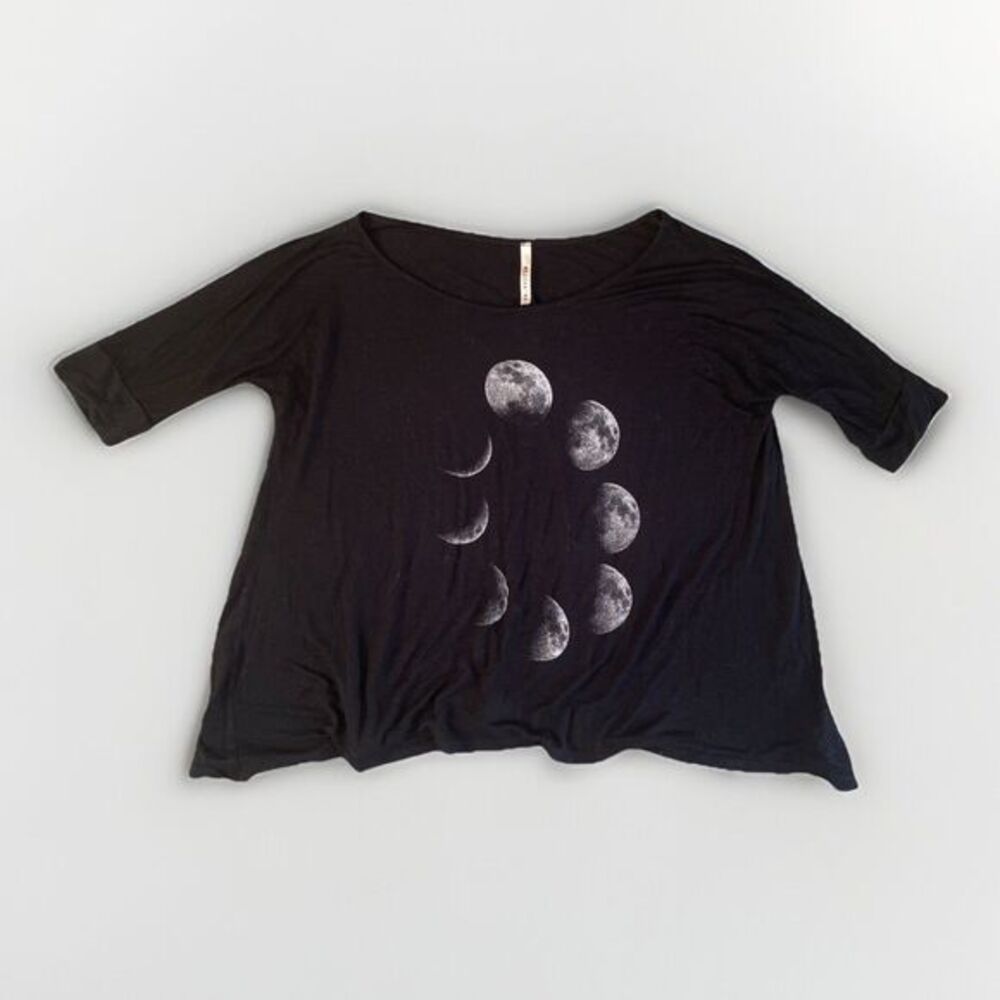 Moon Phases Eclipse Top T Shirt Small 3/4 Sleeve Off Shoulder Stretch‎ Oversized